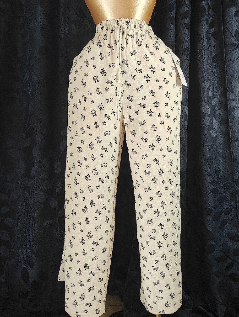 High-Rise Cream Printed Wide-Leg Pants